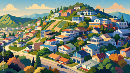 Very beautiful, aerial view of residential neighborhood with scattered houses built on hill slopes, Mill Valley, North San Francisco Bay Area, California, lush greenery, winding roads, serene hills, 