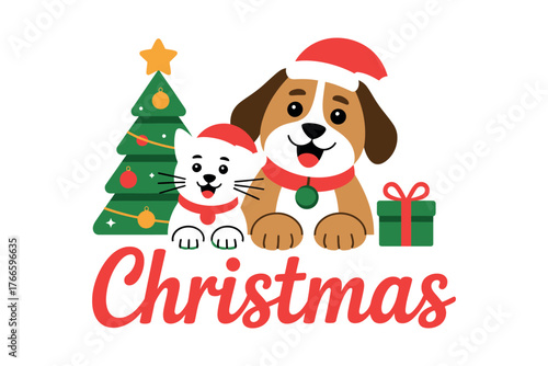 Cartoon christmas scene with dog cat tree gift and christmas text illustration