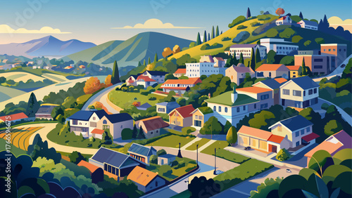 Very beautiful, aerial view of residential neighborhood with scattered houses built on hill slopes, Mill Valley, North San Francisco Bay Area, California, lush greenery, winding roads, serene hills, 