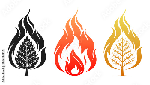 Set of Colorful Fire Flames Icons with Trees inside it