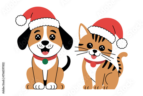 Cartoon dog and cat wearing santa hats sitting next to each other on white background