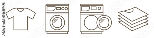 Laundry self-service line icons set. Includes T-shirts, open and closed washing machines, and a stack of folded clothes. Perfect for laundry, cleaning, and washing design. Editable stroke.
