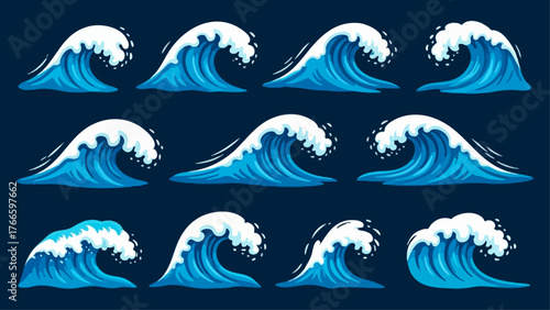 Set of Stylized Ocean Wave Icons – Dynamic Blue Sea Illustrations - Sea Waves Illustrations