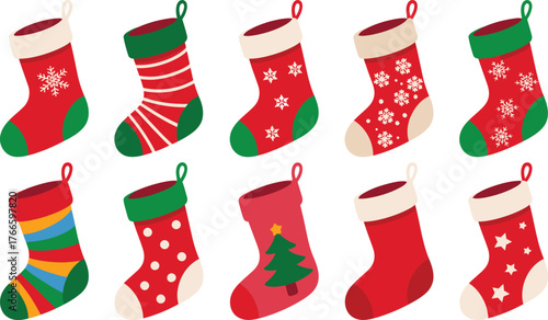 Festive Collection Ten Cartoon Christmas Stockings with Holiday Designs, Ideal for Decoration