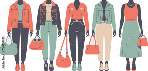 Flat Illustration Five Stylish Outfits Featuring Jackets, Dresses, Pants, and Coordinating Handbags