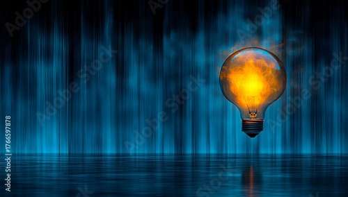 Illuminated light bulb floating against abstract blue background with reflection, creative concept with copy space for text