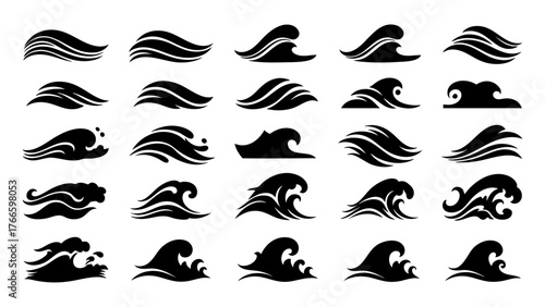 Black Ocean Wave Icon Set – Minimalist Silhouette Water Symbols for Logos