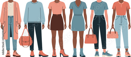 Illustrated Fashion Outfits Women's Casual Style with Dresses, Jeans, Skirts, Sweaters, and Handbags