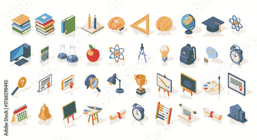 A large collection of colorful isometric icons representing school, education, science, and learning concepts on a white background.
