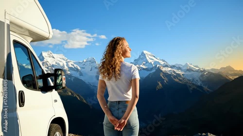 Woman standing by a camper van, enjoying mountain view and sunset in an outdoor adventure video