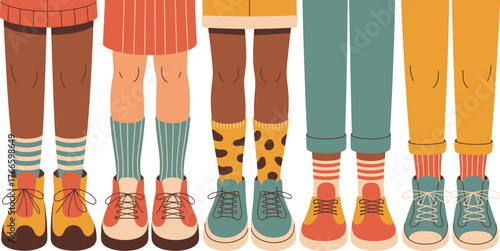Illustrated Legs and Shoes Diverse People Wearing Stylish Socks and Casual Shoes Together Isolated