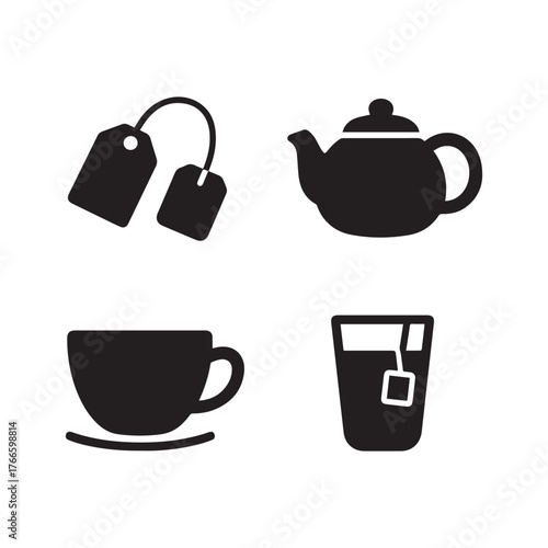 Black and white icons for tea and beverages with tea bag teapot cup drink Silhouette On white Background. 
