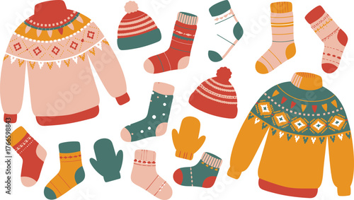 Illustrated Winter Apparel Sweaters, Beanies, Socks, and Mittens in Varied Patterns and Colors