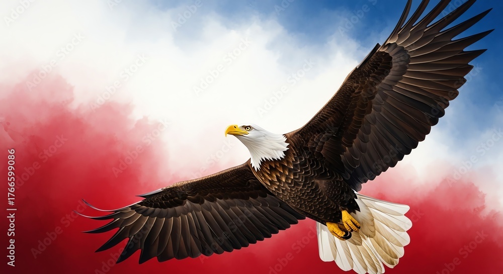 Obraz premium Bald eagle in flight against patriotic sky