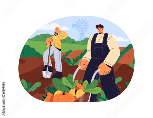 Farmers gather agriculture harvest. Farm workers cultivate soil with shovel, roll wheelbarrow with autumn crop. Farming people work on ground. Flat isolated vector illustration on white background