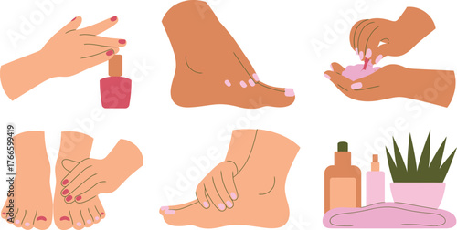Manicure and Pedicure Illustration Hands Painting Nails, Foot Massage, and Spa Products Composition