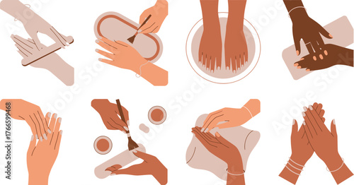 Manicure and Pedicure Process Illustration Set Nail Filing, Soaking, Painting, and Moisturizing Hands