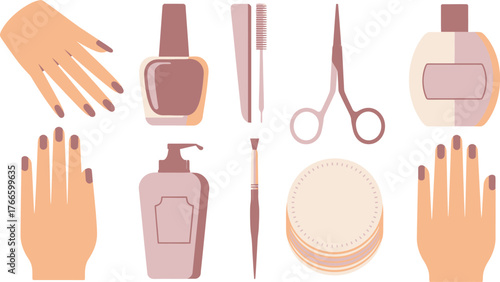 Manicure Set Flat Lay Hands, Nail Polish, Scissors, Cotton Pads, and Bottles Illustration