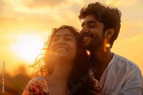 Portrait of a joyful indian couple in their 20s watching the sunset