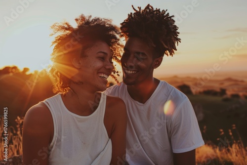 Portrait of a smiling mixed race couple in their 20s watching the sunset