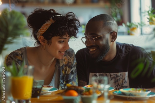 Portrait of a tender multiethnic couple in their 30s having breakfast together