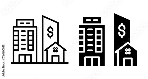 (Editable) Adobe Illustrator Artwork, Premium Quality Line Art and Silhouette (Pack) - Apartment building commercial property Real Estate Investment Icon Set with Buildings and Dollar Sign Skyscraper