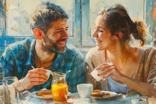 Portrait of a jovial caucasian couple in their 30s having breakfast together
