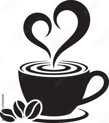 Heart shaped steam rises from a black coffee cup with coffee beans symbolizing love for coffee vector
