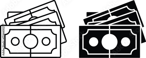 (Editable) Adobe Illustrator Artwork, Premium Quality Line Art and Silhouette (Pack) - Cash banknotes stack money, representing financial abundance.