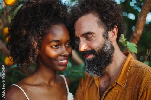 Portrait of a blissful multicultural couple in their 30s exchanging glances