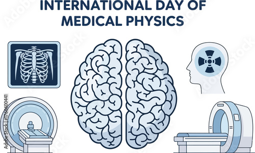 International day of medical physics illustration with brain, x-ray, and MRI scan elements