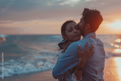 Portrait of a satisfied indian couple in their 20s sharing a hug on the seashore