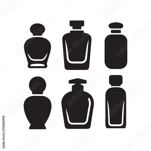 Collection of six perfume bottle icons in black silhouette design over white backdrop.