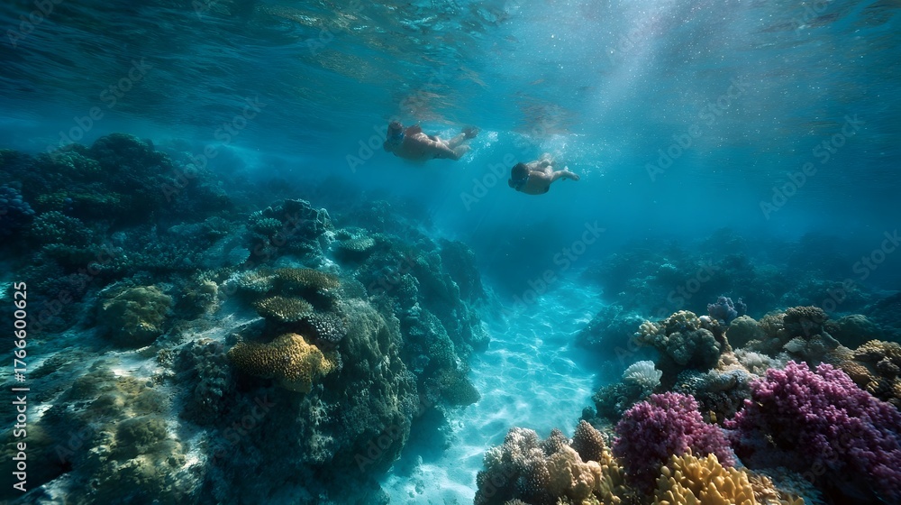 Fototapeta premium Two people snorkeling in a vibrant sunlit underwater coral reef