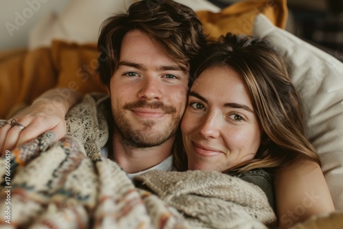 Portrait of a glad couple in their 20s sharing a blanket on the couch