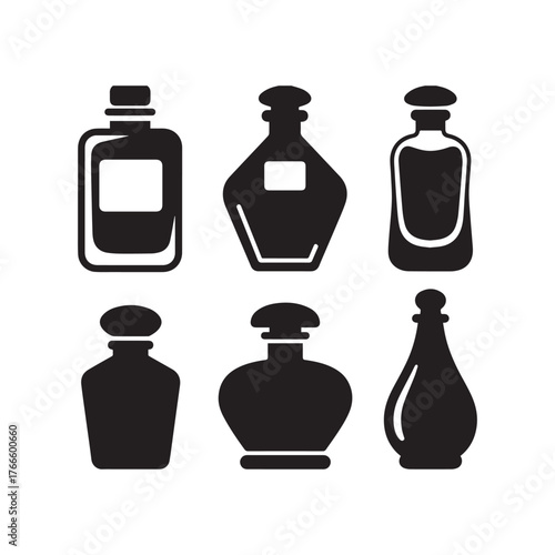 Collection of six perfume bottle icons in black silhouette design over white backdrop.