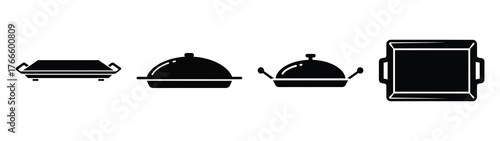 tray minimal flat icon set, black color and white background