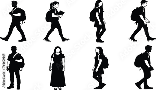 Silhouette of students walking with backpacks, education concept vector, school and college people illustration, learning and study lifestyle design