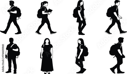 Diverse Students Silhouette Vector Set, Young People Walking and Standing with Backpacks, High School or College Education Concept, Academic Journey and Campus Life Graphic.