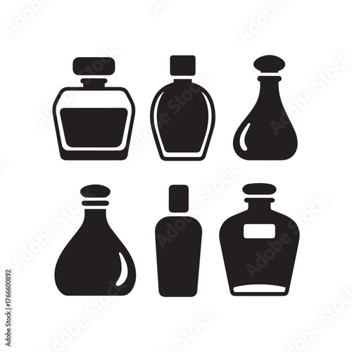Collection of six perfume bottle icons in black silhouette design over white backdrop.