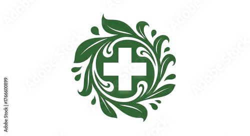 Green botanical emblem featuring a cross symbolizing health and nature