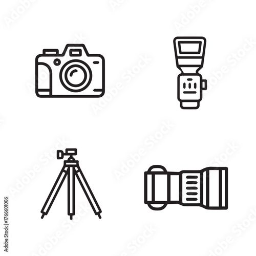 Set of stylized vector icons for photography gear digital camera flash tripod lens scalable eps vector