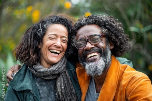 Portrait of a content multiethnic couple in their 40s laughing