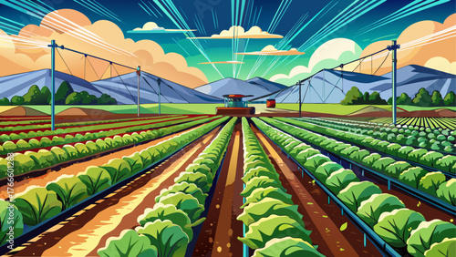Very beautiful, a field irrigation sprinkler system waters rows of lettuce crops on farmland in the Salinas Valley of central California, Monterey County, on a partly cloudy day with vibrant green 
