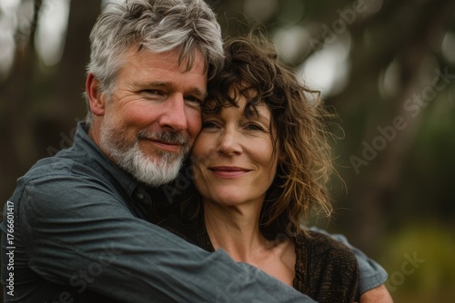 Portrait of a content couple in their 40s hugging each other