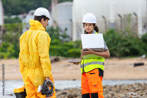 Environmental Engineers Conducting Site Inspection at Industrial Coastline, Safety Officer and Scientist Working on Pollution Control at Industrial Beach
