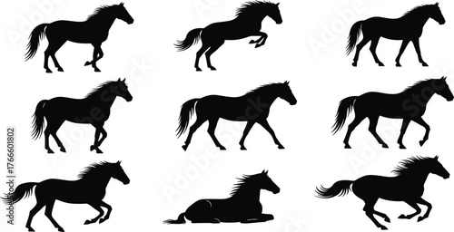 Horse Silhouette Vector Set, Galloping, Running, Trotting, and Standing Poses, Majestic Stallions with Flowing Manes and Tails, Equestrian Animals Collection, Isolated.