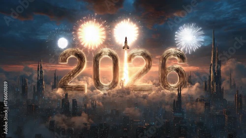 Glowing 2026 numbers with rocket launch and fireworks above a futuristic city skyline at dusk, symbolizing future innovation and celebration