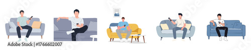 Relaxed Man Sitting on Sofa Using Remote Control - Flat Design Vector Illustration
