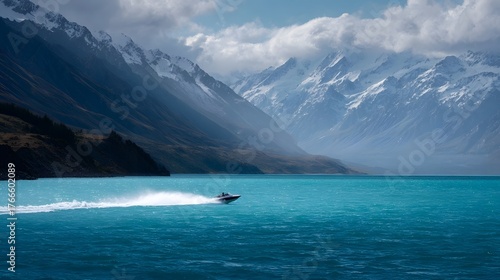 Fototapeta Naklejka Na Ścianę i Meble -  A speedboat speeds across a vibrant turquoise glacial lake towards majestic snow capped mountains